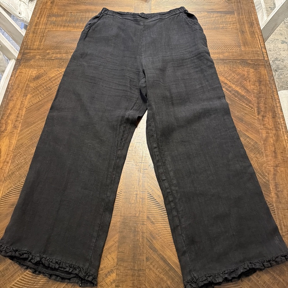 Match Point Pants Womens S Black Wide Leg 100% Linen Flowy Lagenlook Ruffles